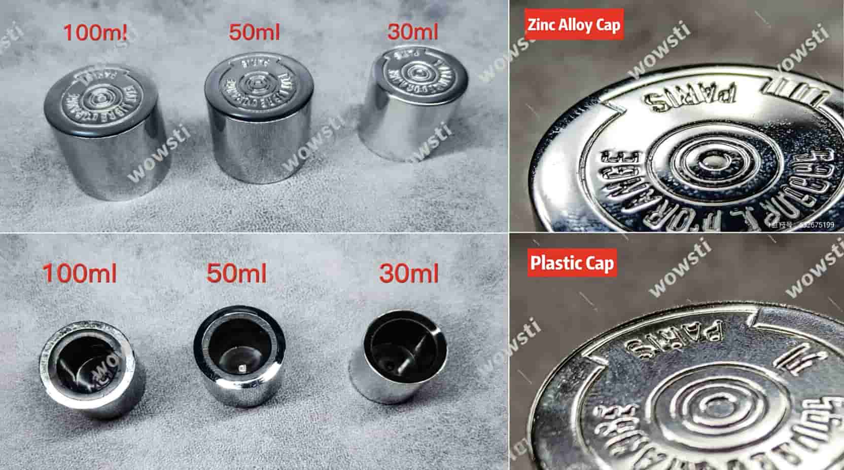 Comparison of plastic cap, metal-look cap, and zinc alloy cap options for perfume packaging